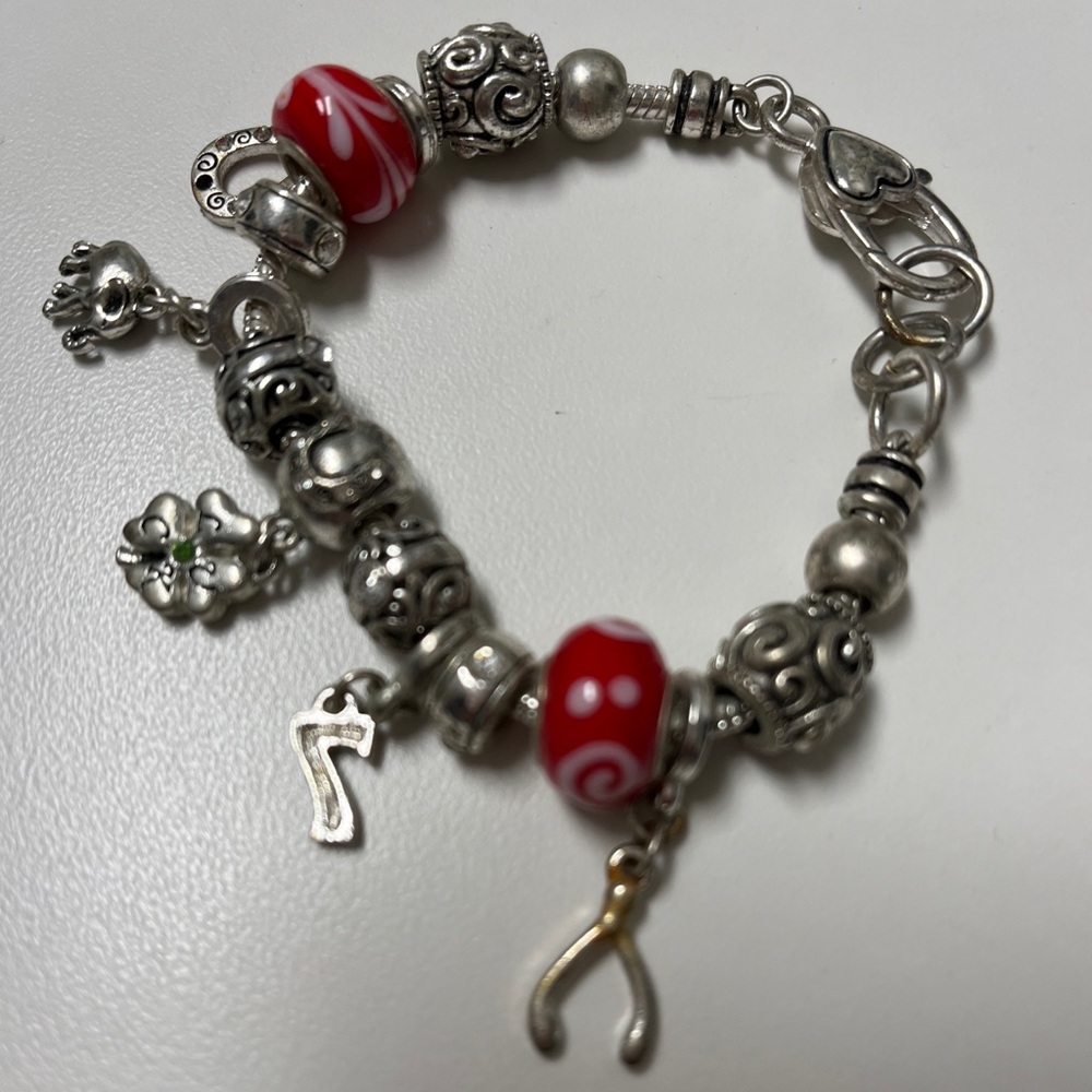 Silver tone Elephant Wishbone Lucky Clover Charm Bracelet Beads With Beads